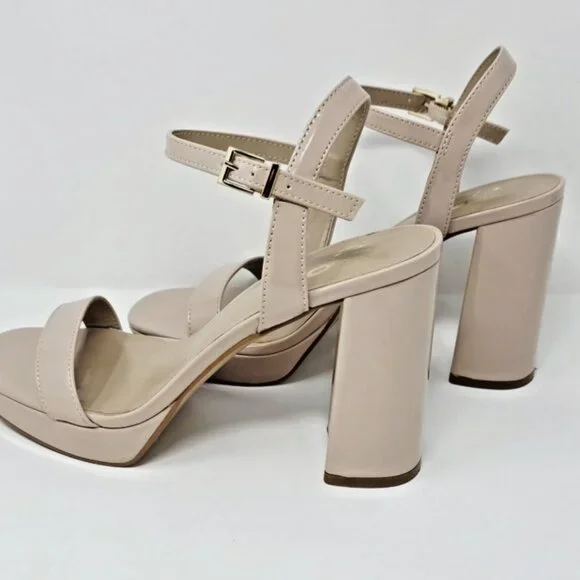 Beige Nude Patent Platform Open Toe Block Heel Sandal Womens 8.5 Baddie Chunky - Picture 2 of 11